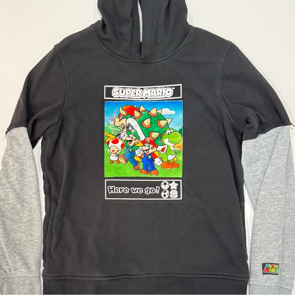 Super Mario Hoodie Youth Black Graphic Pullover Nintendo Bowser Yoshi Size YL